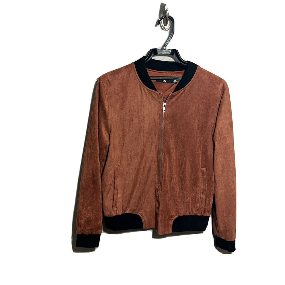 Missguided Jacket Brown Black Front Zip Pockets Fully Lined Elastic Sz 2 Velour